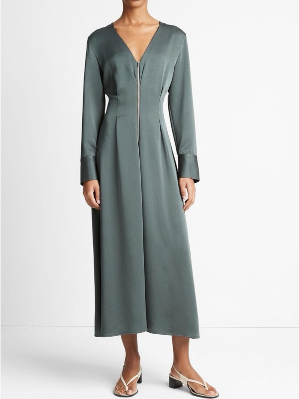 Vince Zip-Front Long-Sleeve Satin Midi Dress in Slate Green Size 12